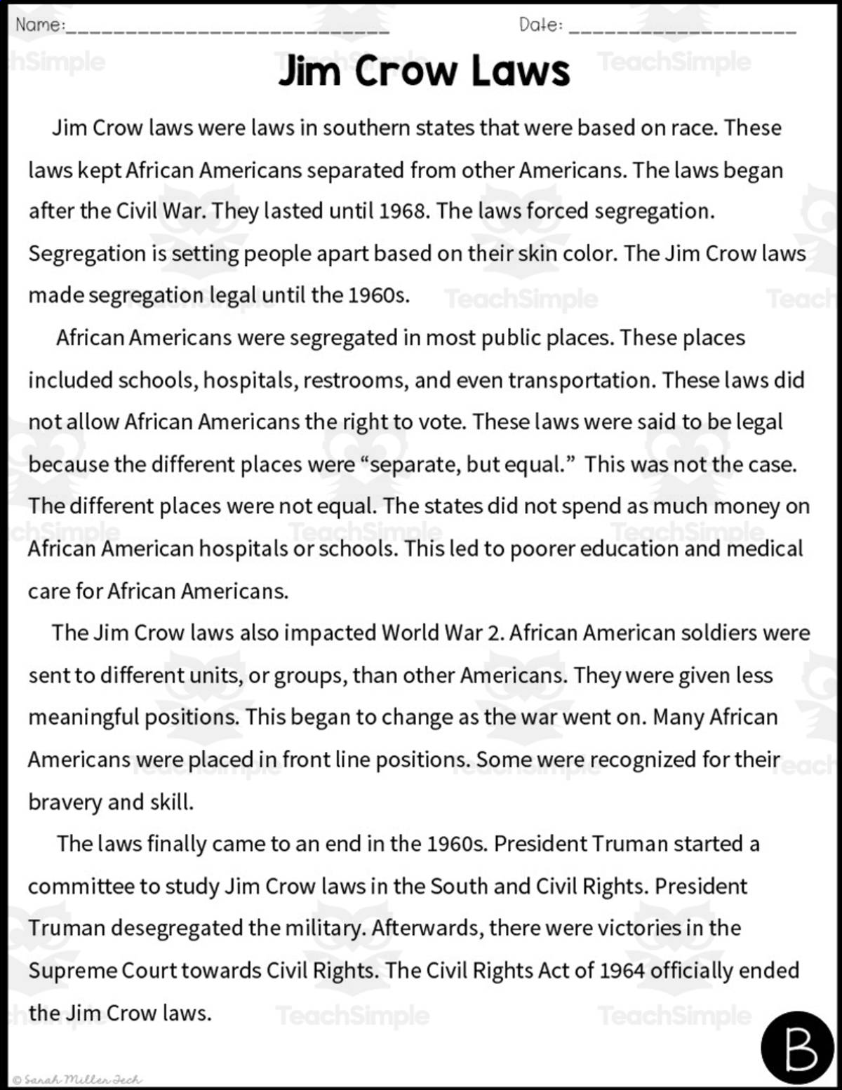 An educational teaching resource from Sarah Miller Tech entitled Jim Crow Laws Reading Packet + Distance Learning downloadable at Teach Simple.