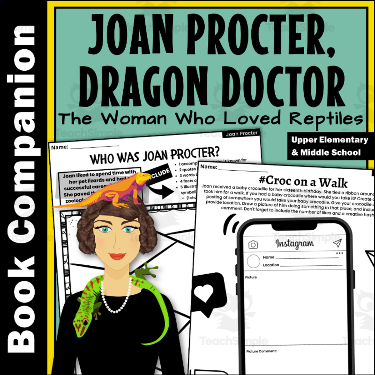 An educational teaching resource from Creatively Gifted entitled "Joan Procter Dragon Doctor" Biography Book Companion Activities downloadable at Teach Simple.
