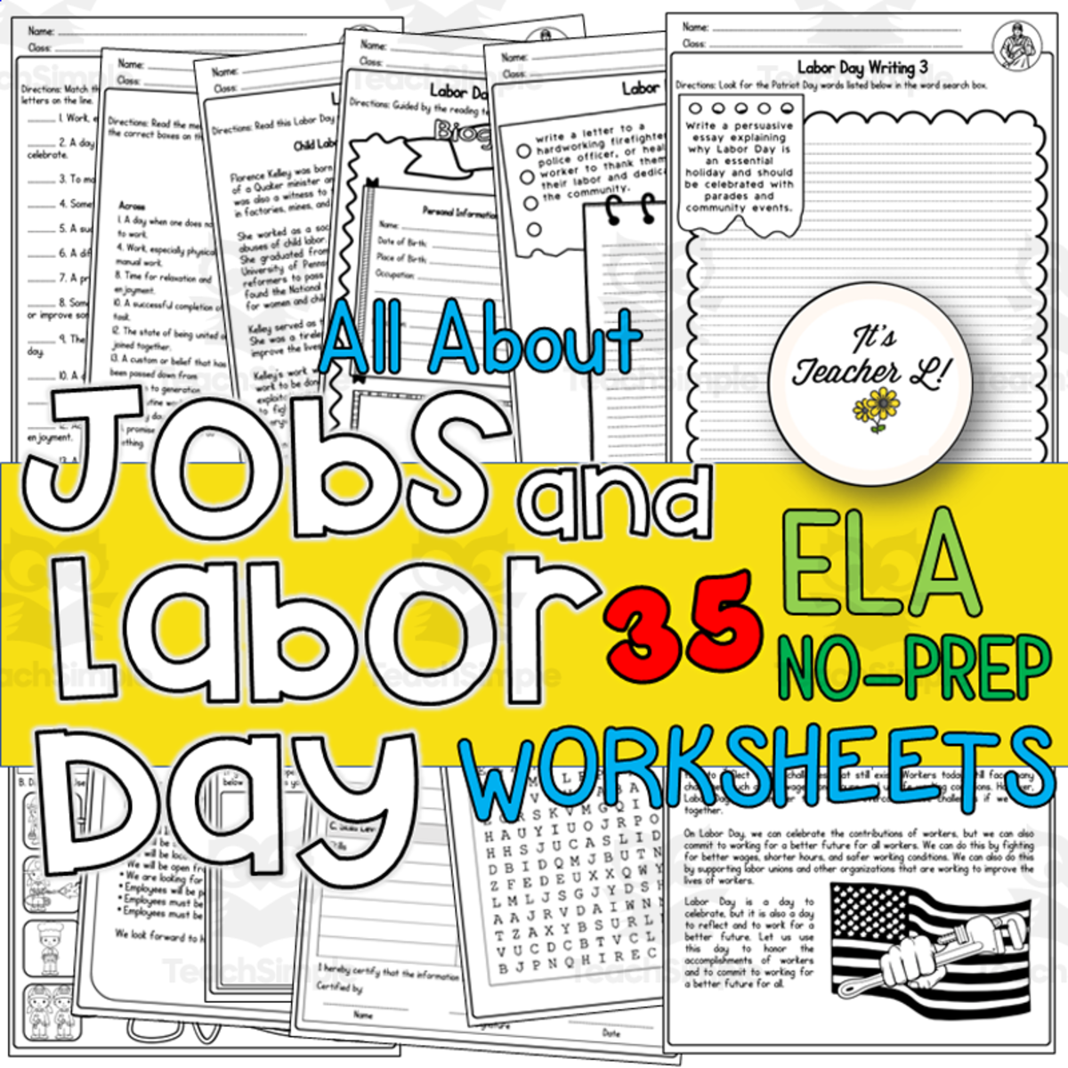 An educational teaching resource from It's Teacher L entitled Jobs and Labor Day No-Prep ELA Worksheets downloadable at Teach Simple.