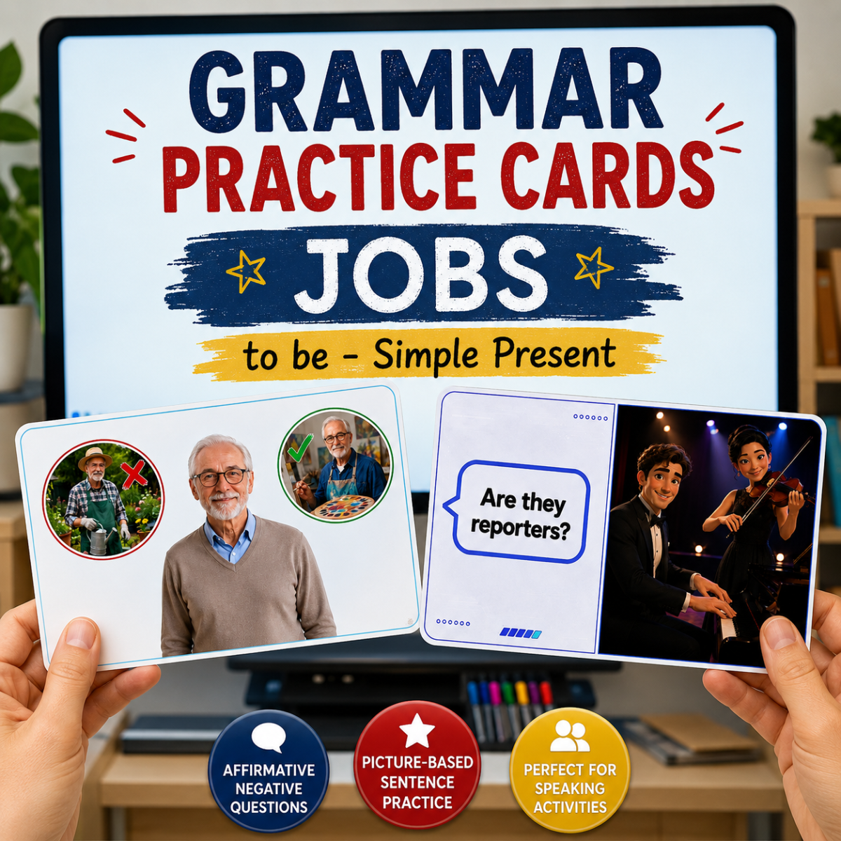 An educational teaching resource from English with Rita entitled Jobs Grammar Practice Cards | to be Simple Present | Speaking Activity downloadable at Teach Simple.