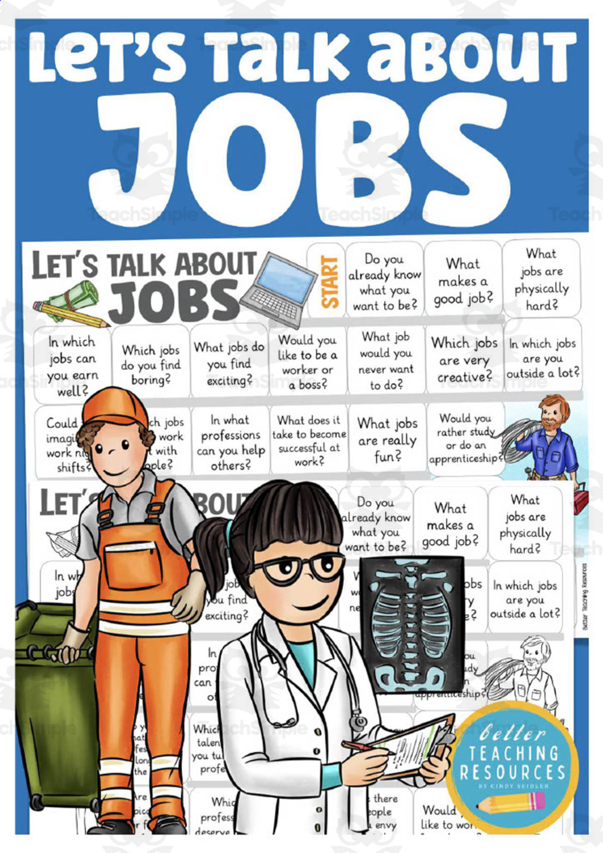 An educational teaching resource from Better Teaching Resources entitled Jobs Speaking Game – ESL Vocabulary Board downloadable at Teach Simple.