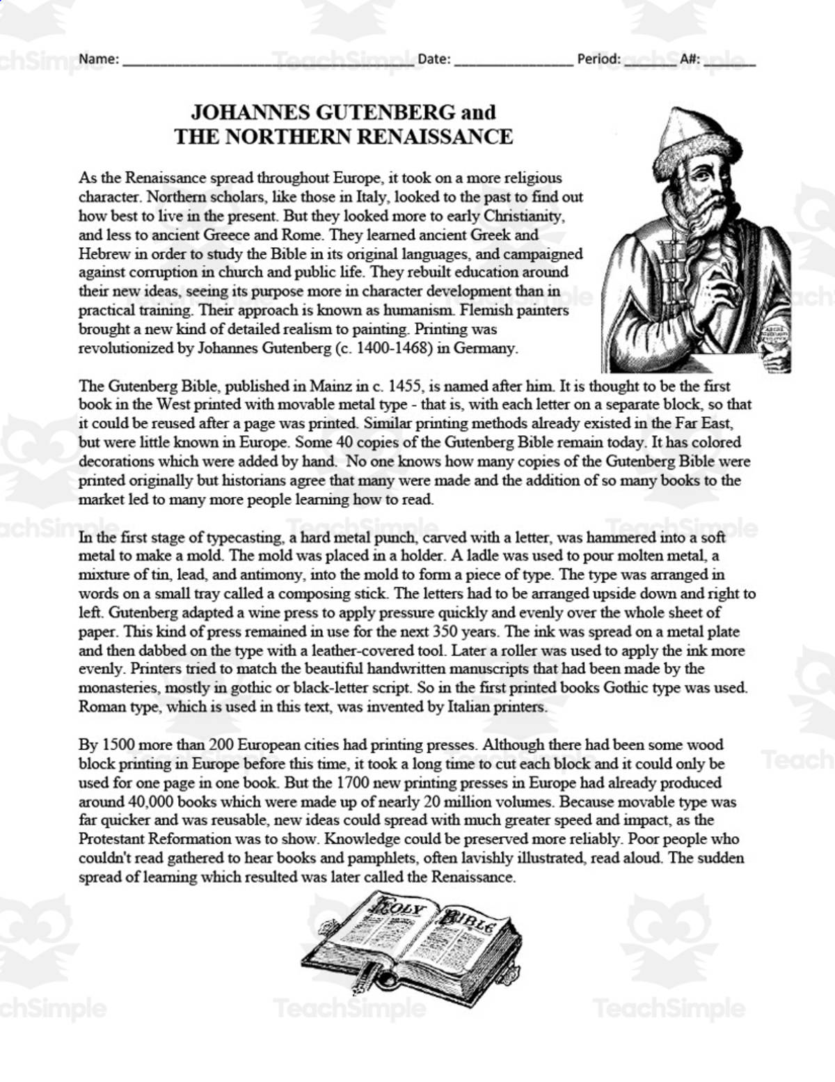An educational teaching resource from DrDrew entitled Johannes Gutenberg and The Northern Renaissance | Comprehension Questions downloadable at Teach Simple.