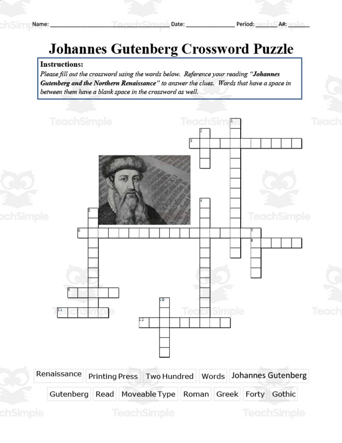 An educational teaching resource from DrDrew entitled Johannes Gutenberg Crossword Puzzle downloadable at Teach Simple.
