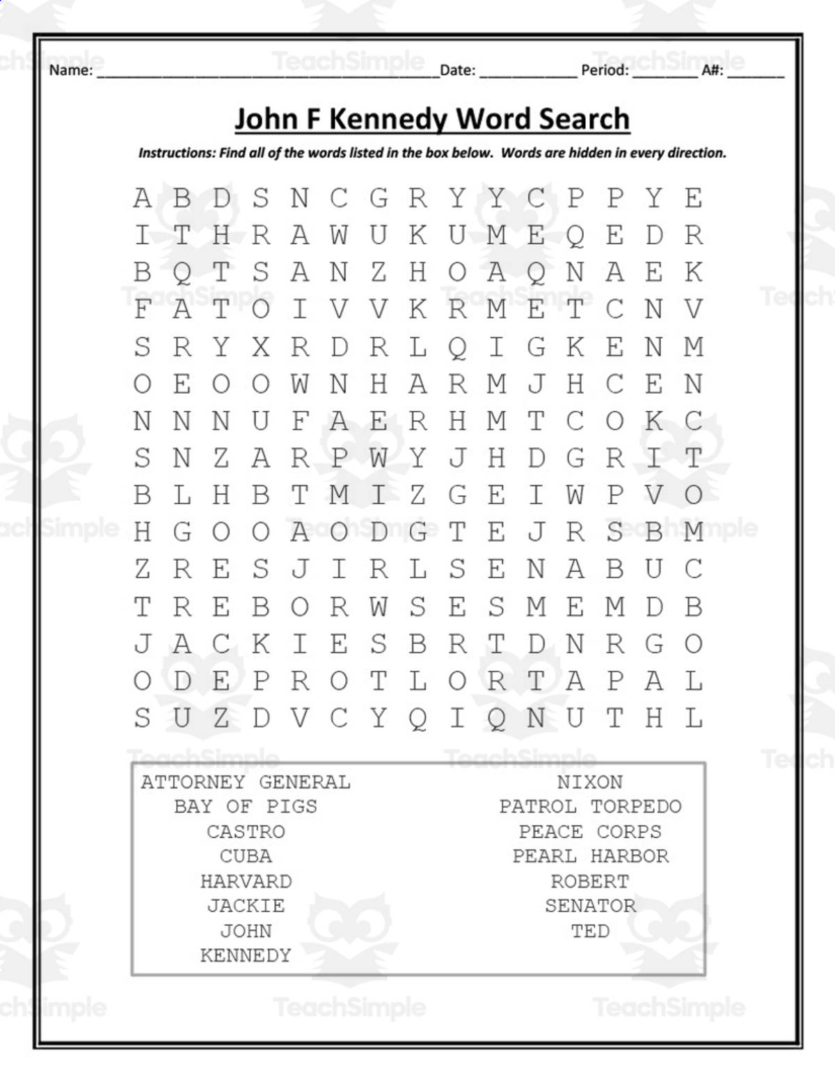 An educational teaching resource from DrDrew entitled John F Kennedy Word Search downloadable at Teach Simple.