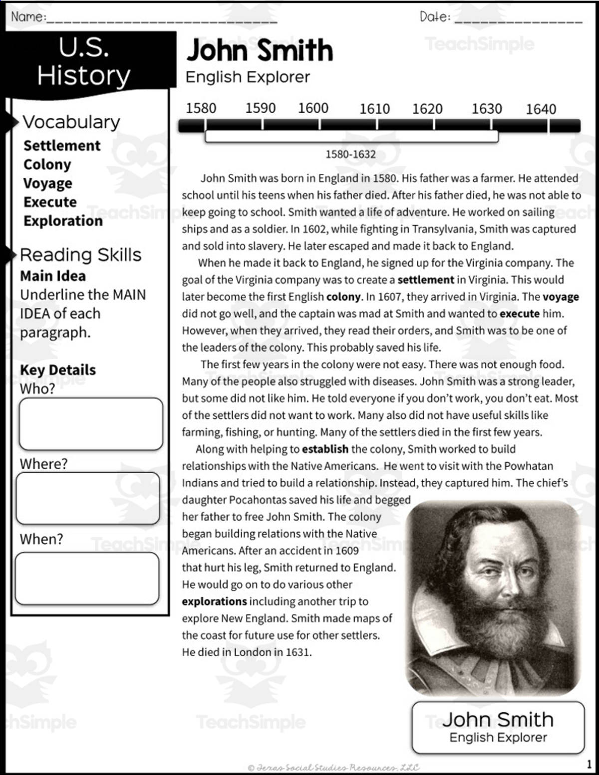 An educational teaching resource from Sarah Miller Tech entitled John Smith: English Explorer Reading Packet downloadable at Teach Simple.