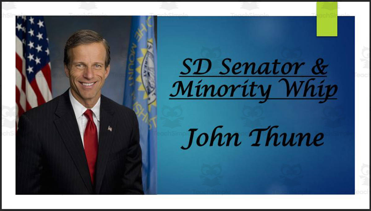 An educational teaching resource from Mr. Matthews Teacher Store entitled John Thune (U.S. Senator - SD & Senate Minority Whip) BIO PPT downloadable at Teach Simple.