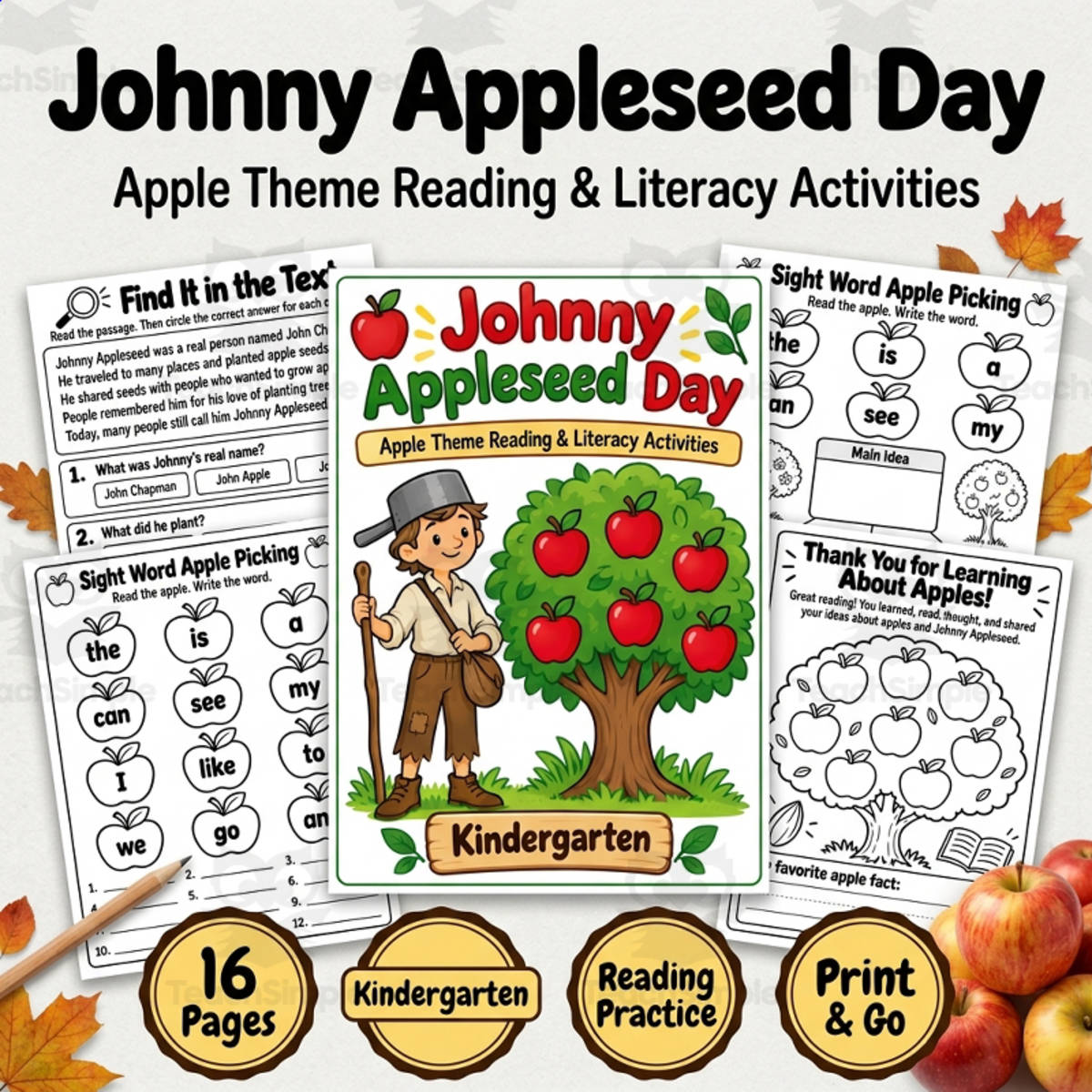 An educational teaching resource from TeachTrend Studio entitled Johnny Appleseed Activities | Apple Theme Reading & Literacy Centers downloadable at Teach Simple.
