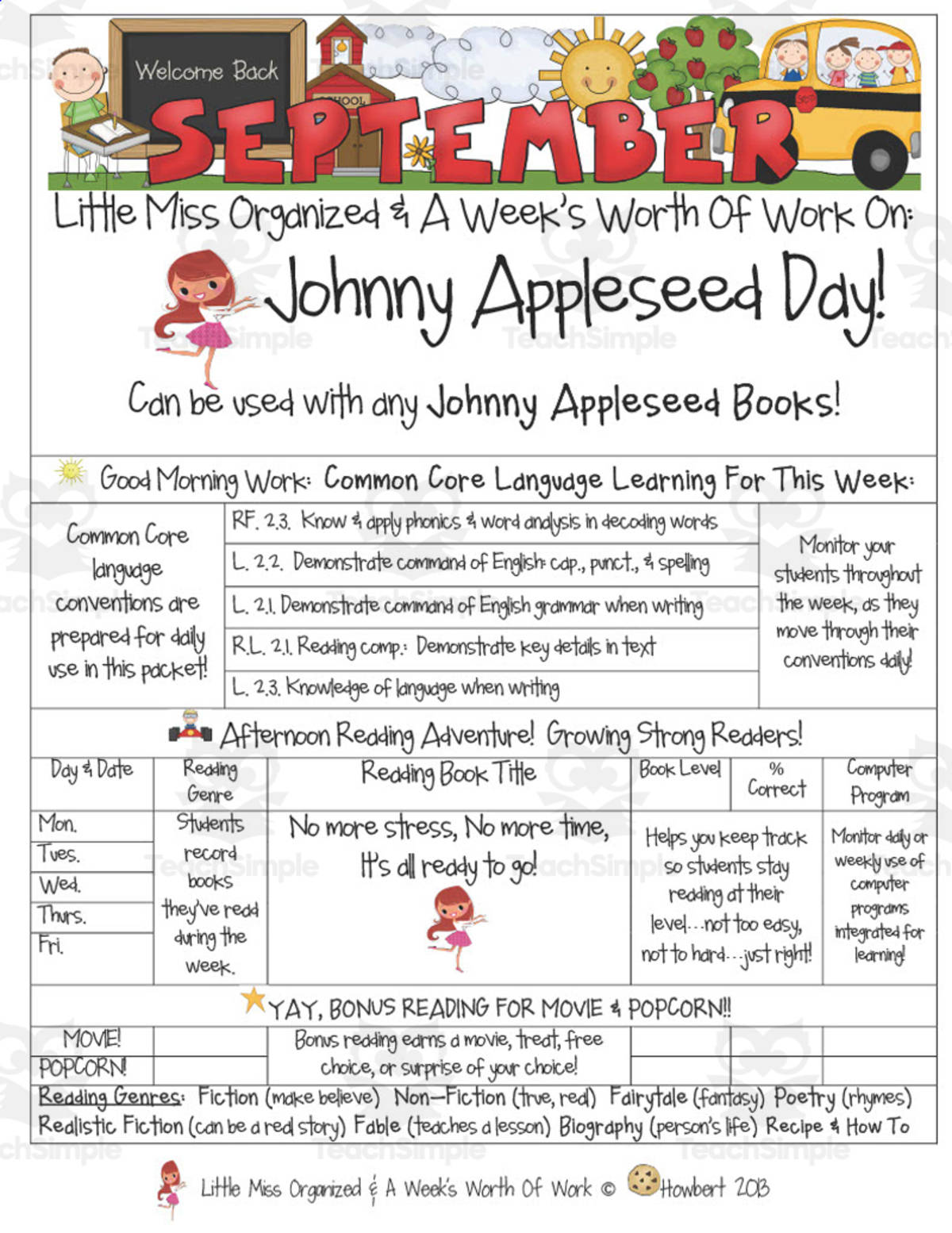 An educational teaching resource from Second Grade Smartypants entitled Johnny Appleseed Day | Reading Activity Packet downloadable at Teach Simple.