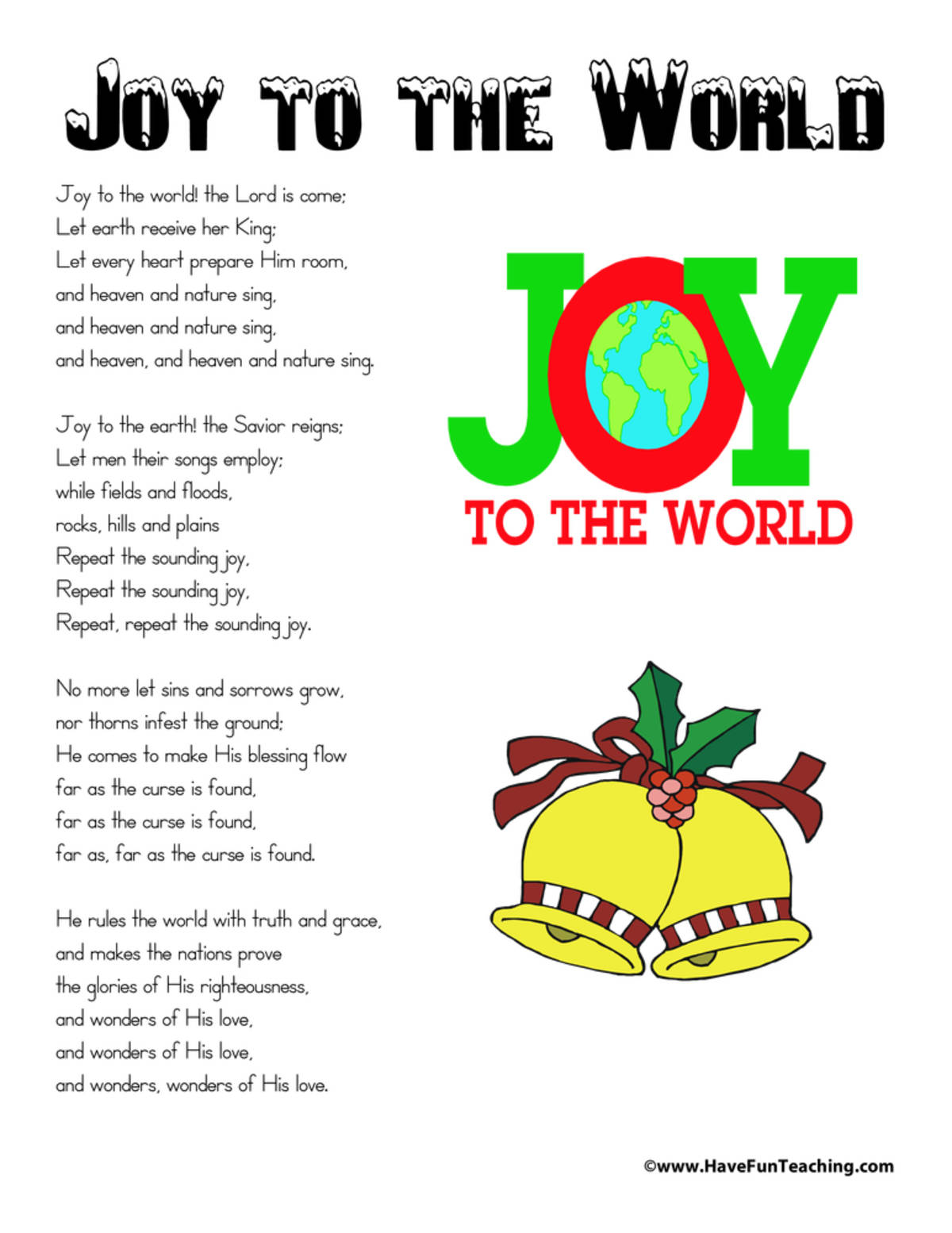 An educational teaching resource from Have Fun Teaching entitled Joy to the World Lyrics downloadable at Teach Simple.