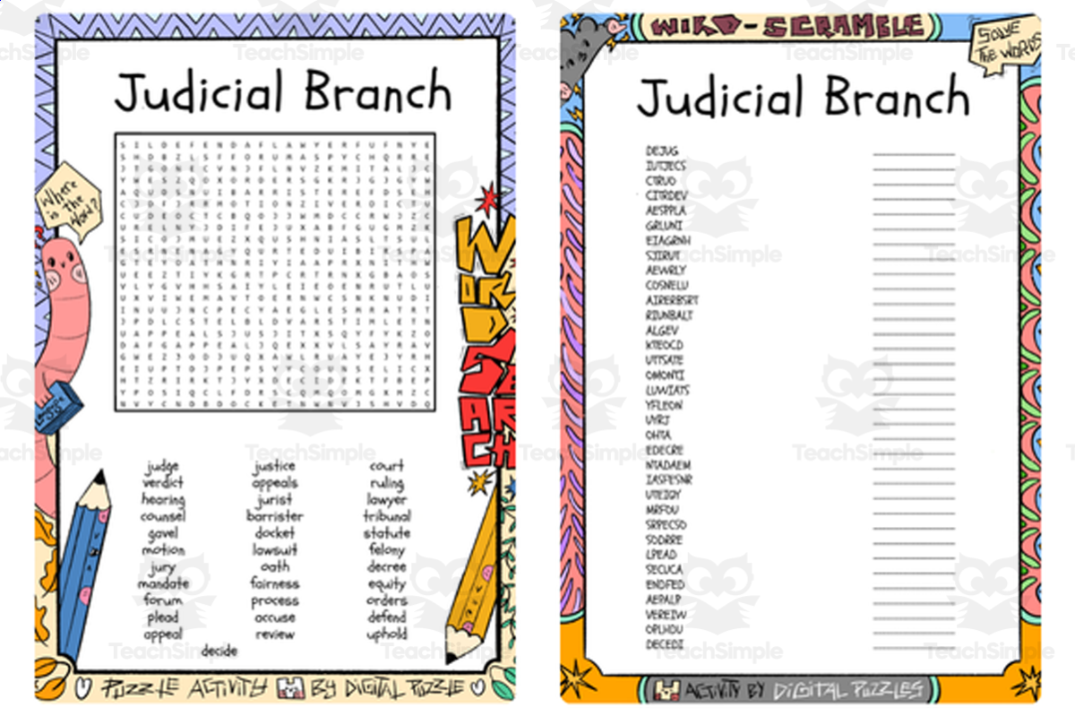 An educational teaching resource from Lapiiin Art Activities entitled Judicial Branch word search & scramble downloadable at Teach Simple.