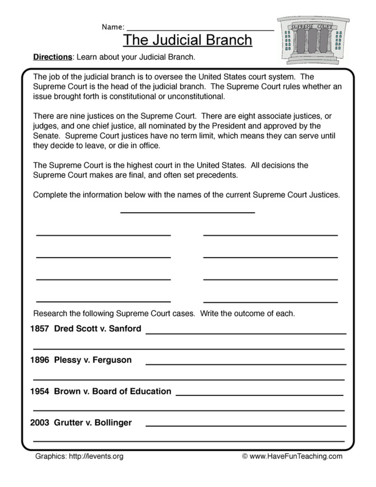 An educational teaching resource from Have Fun Teaching entitled Judicial Branch Worksheet downloadable at Teach Simple.