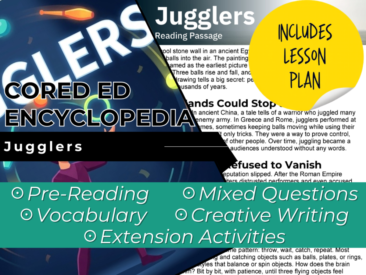 An educational teaching resource from Cored Education entitled Jugglers Reading Comprehension Passage - Cored Ed Encyclopedia downloadable at Teach Simple.