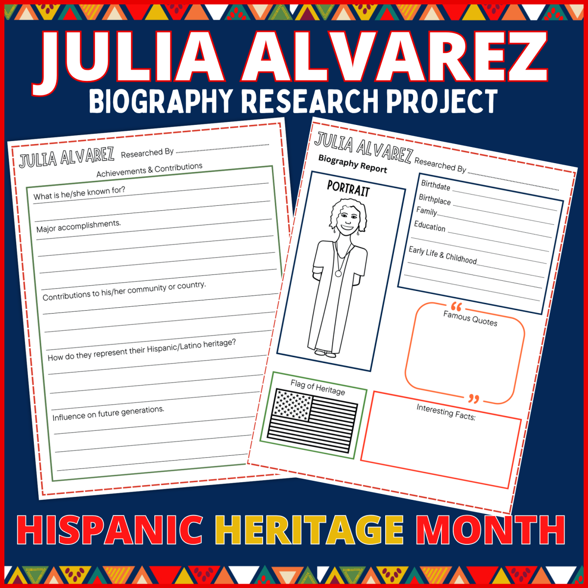 An educational teaching resource from Perfect_Printables entitled Julia Alvarez Biography research project hispanic heritage month downloadable at Teach Simple.
