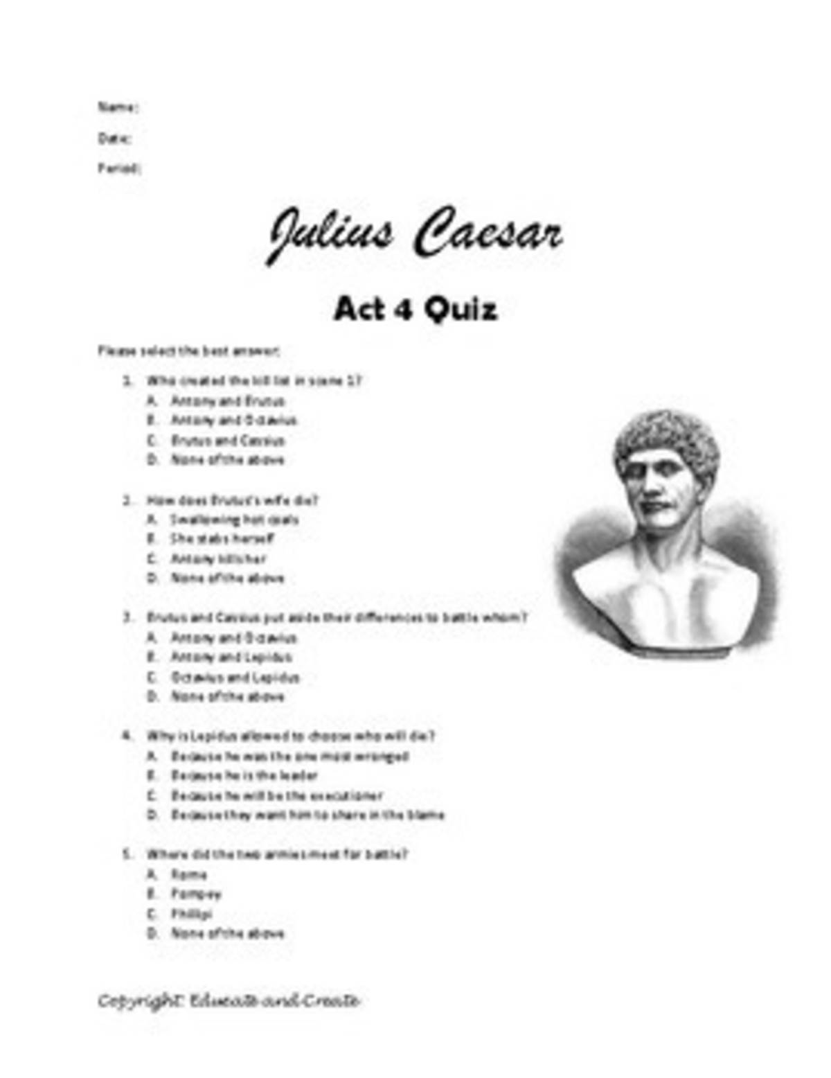 An educational teaching resource from Educate and Create entitled Julius Caesar Act 4 Quiz downloadable at Teach Simple.