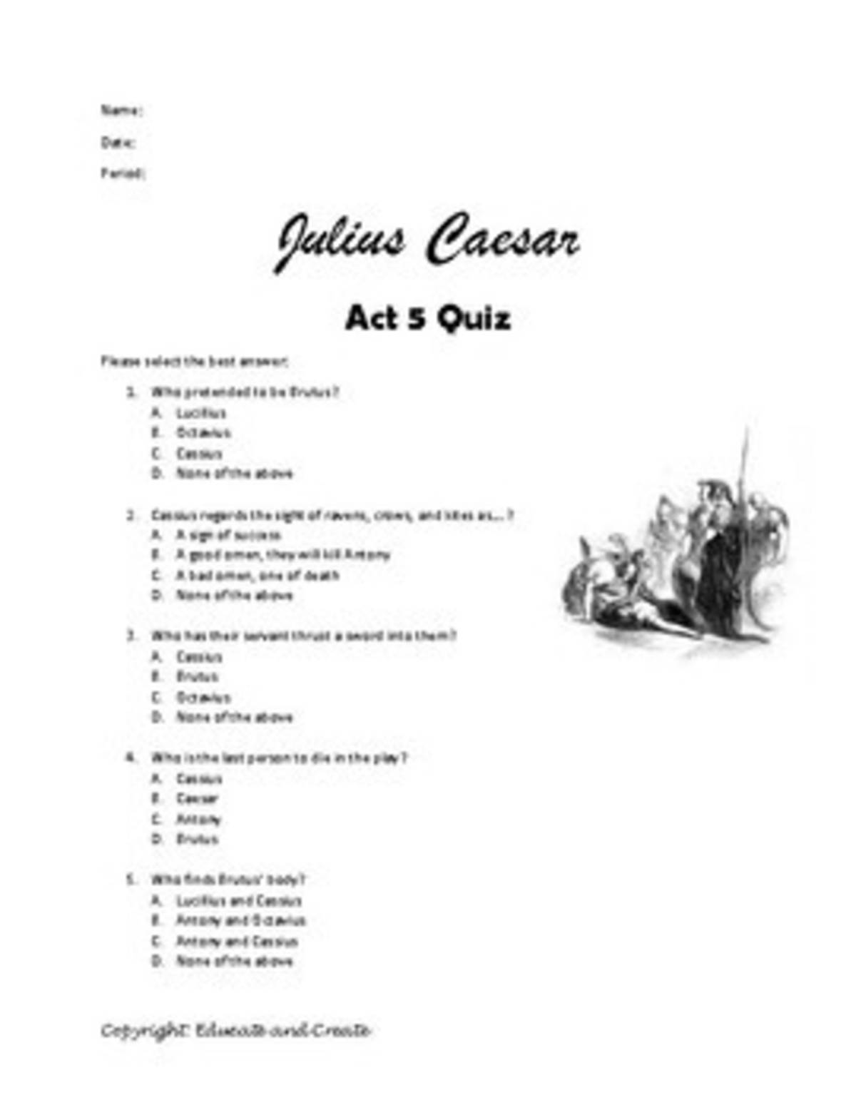 An educational teaching resource from Educate and Create entitled Julius Caesar Act 5 Quiz downloadable at Teach Simple.