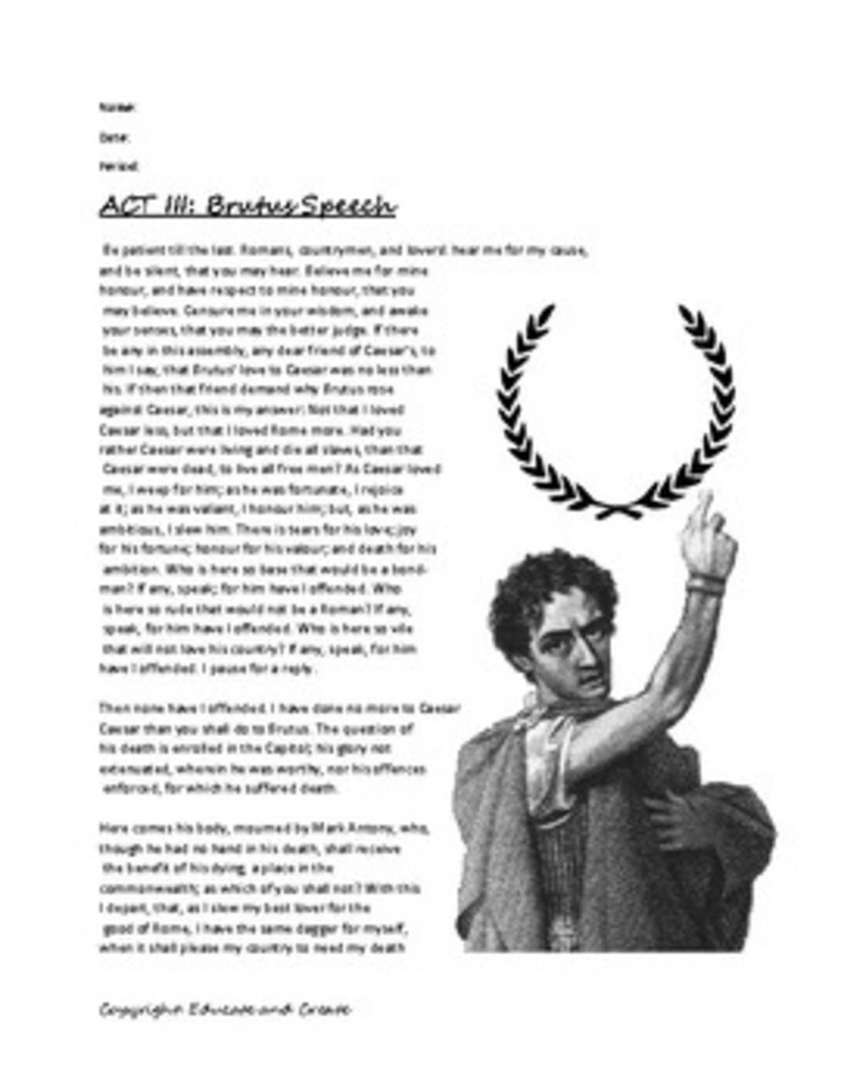An educational teaching resource from Educate and Create entitled Julius Caesar: Marc Anthony/ Brutus speeches Compare and Contrast downloadable at Teach Simple.