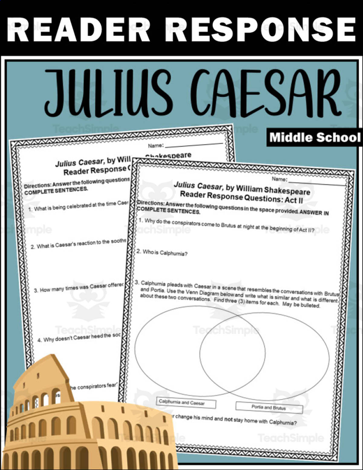An educational teaching resource from Creatively Gifted entitled "Julius Caesar" Novel Study Unit downloadable at Teach Simple.