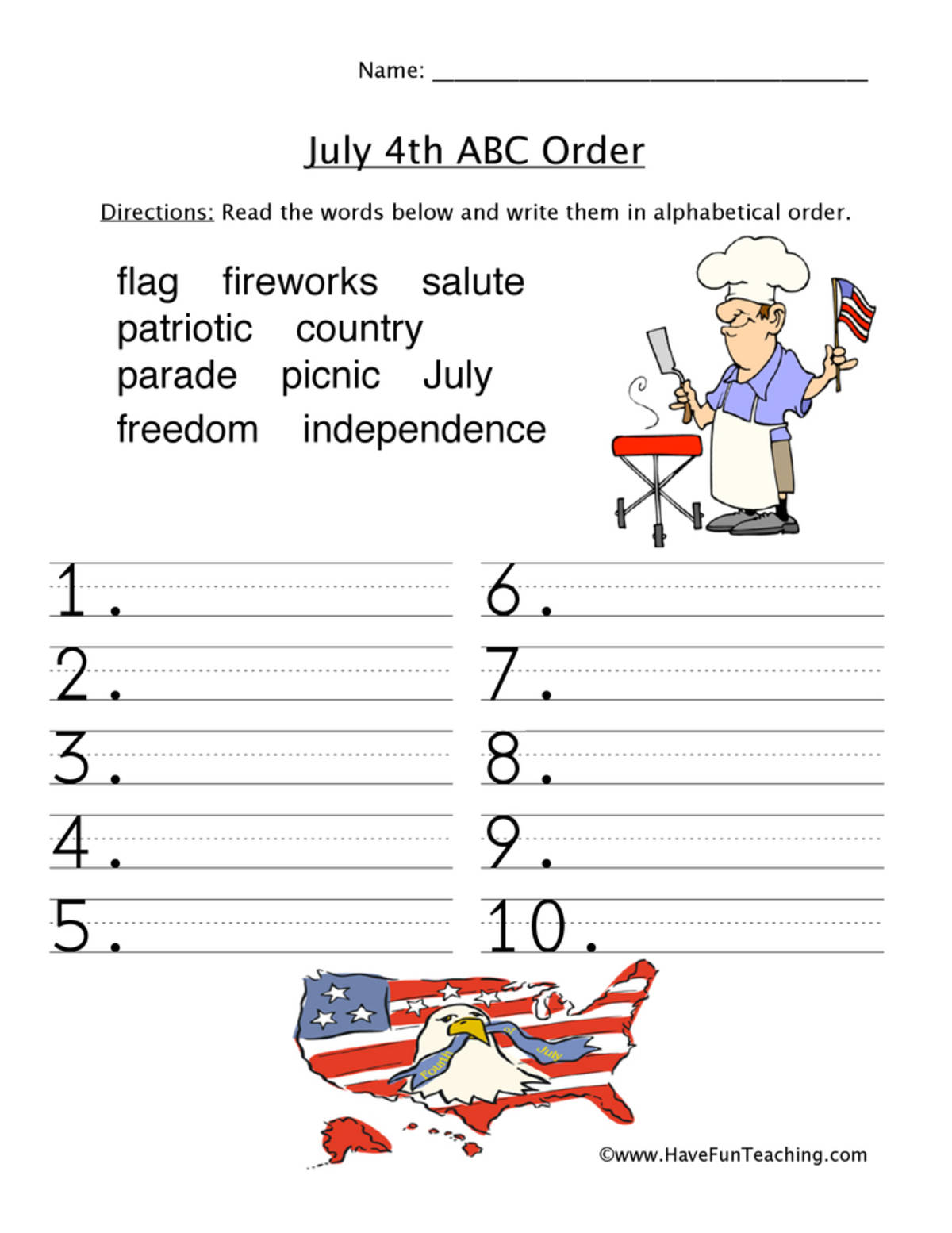 An educational teaching resource from Have Fun Teaching entitled July 4th ABC Order Worksheet downloadable at Teach Simple.