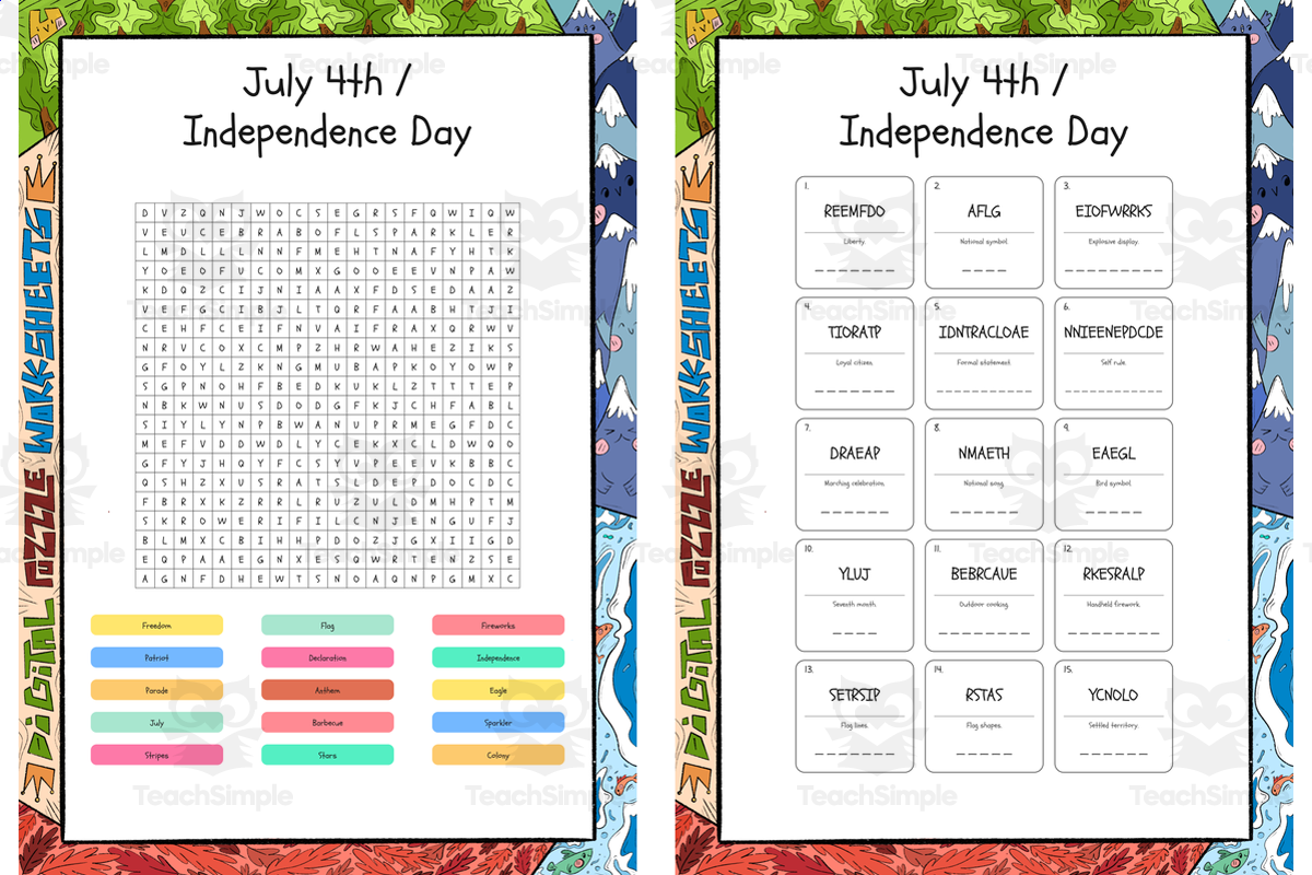 An educational teaching resource from Lapiiin Art Activities entitled July 4th Independence Day word search, scramble and crossword puzzle downloadable at Teach Simple.
