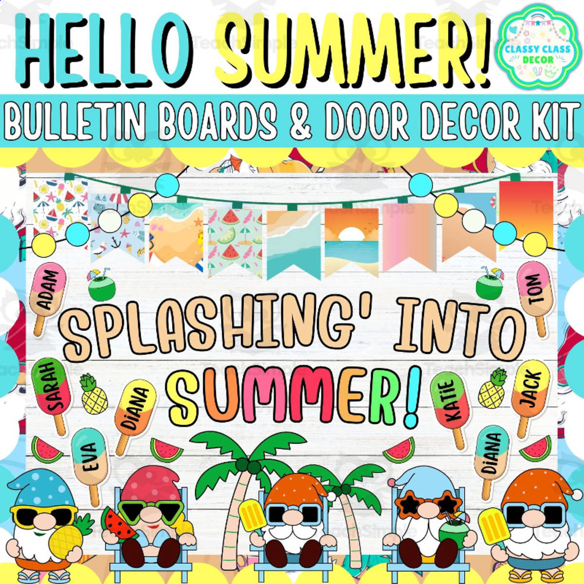 An educational teaching resource from Classy Class Decor entitled July & Summer Bulletin board And door Decor kit: Splashing Into Summer downloadable at Teach Simple.