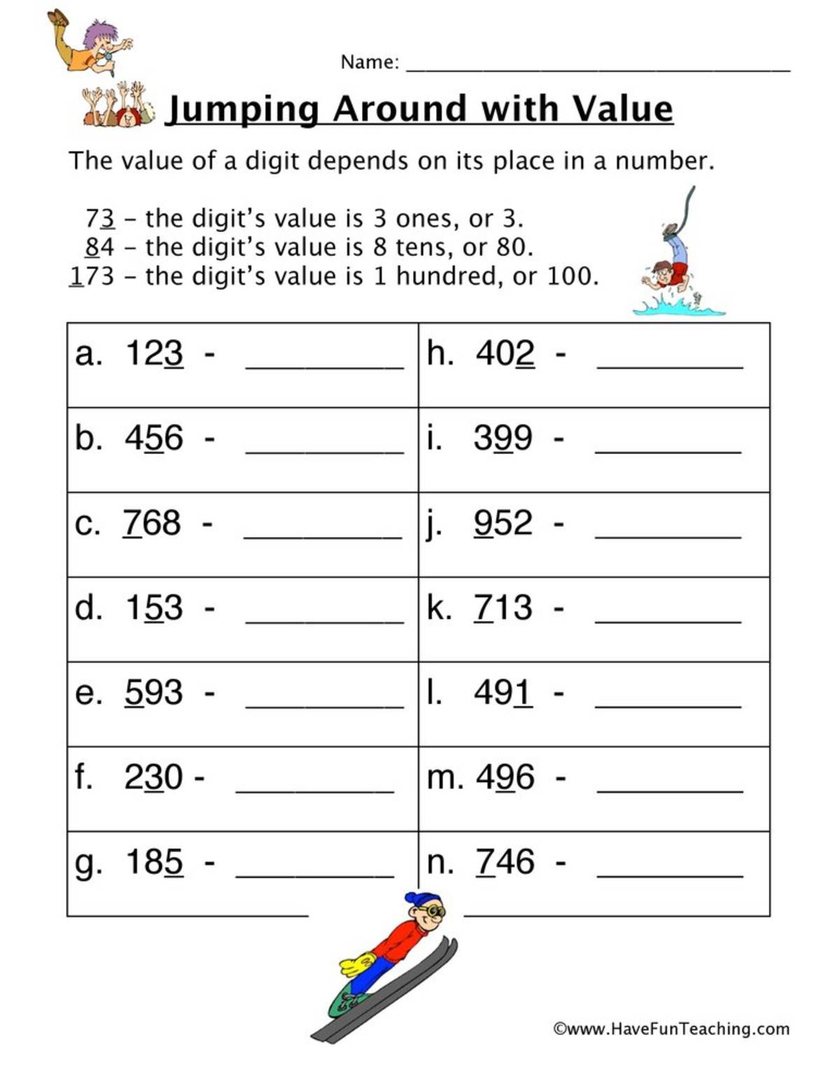 An educational teaching resource from Have Fun Teaching entitled Jump Place Value Worksheet downloadable at Teach Simple.