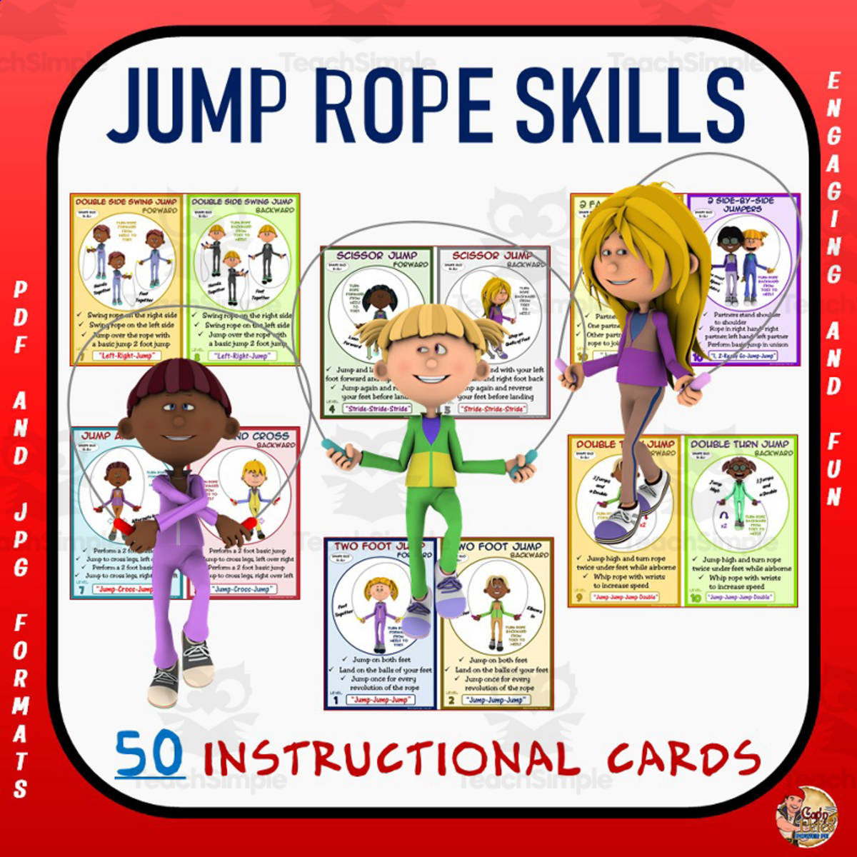 An educational teaching resource from Cap'n Pete's Power PE entitled Jump Rope Skills – 50 Task Card Set downloadable at Teach Simple.