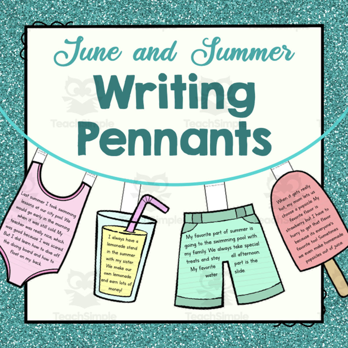 An educational teaching resource from Simply Schoolgirl entitled June and Summer Day Writing Pennants | Writing Pennants or Banners | Seasonal Displays downloadable at Teach Simple.