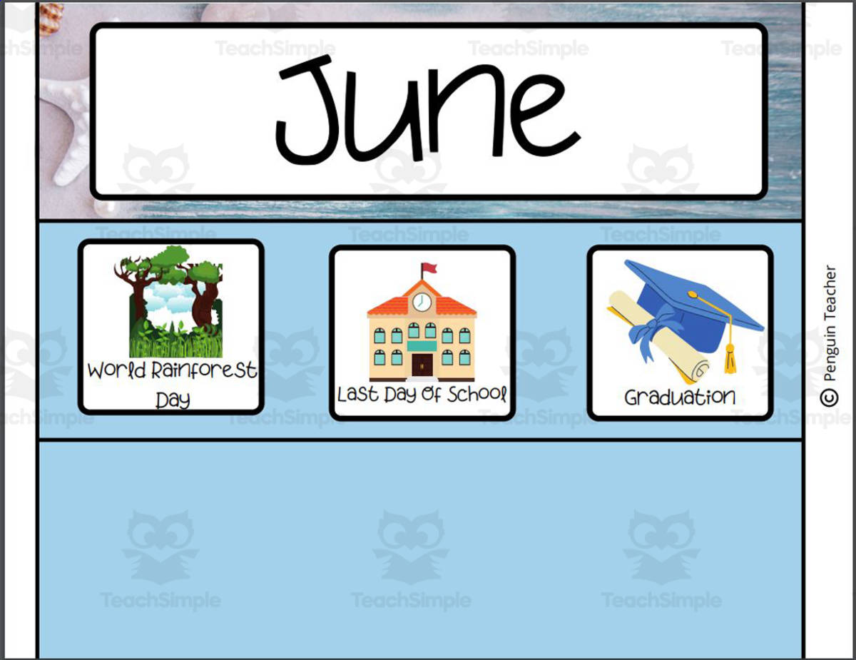 An educational teaching resource from Penguin Teacher Store entitled June Beach Theme Calendar Pieces downloadable at Teach Simple.