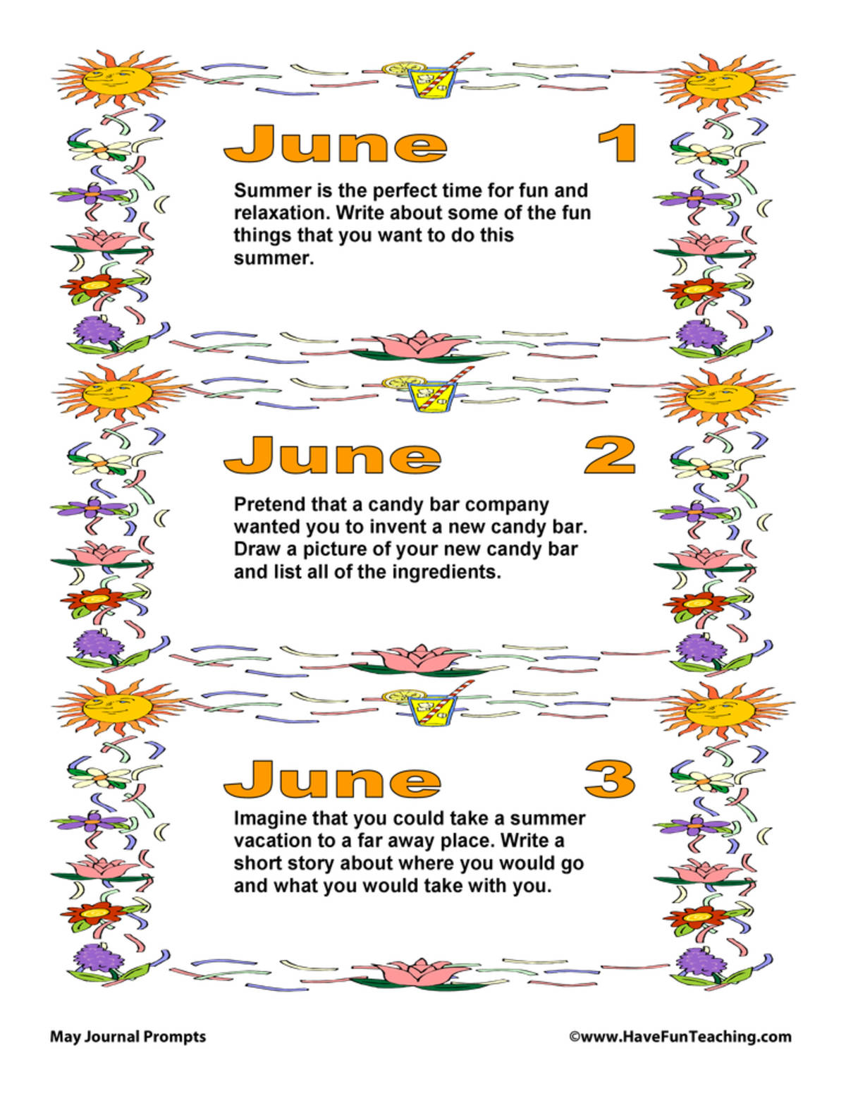 An educational teaching resource from Have Fun Teaching entitled June Daily Journal Prompts downloadable at Teach Simple.