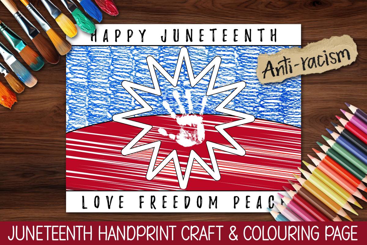 An educational teaching resource from Forever June Digital Design entitled JUNETEENTH COLORING ACTIVITY, DIY HANDPRINT ART, JUNE HOMESCHOOL CRAFT downloadable at Teach Simple.