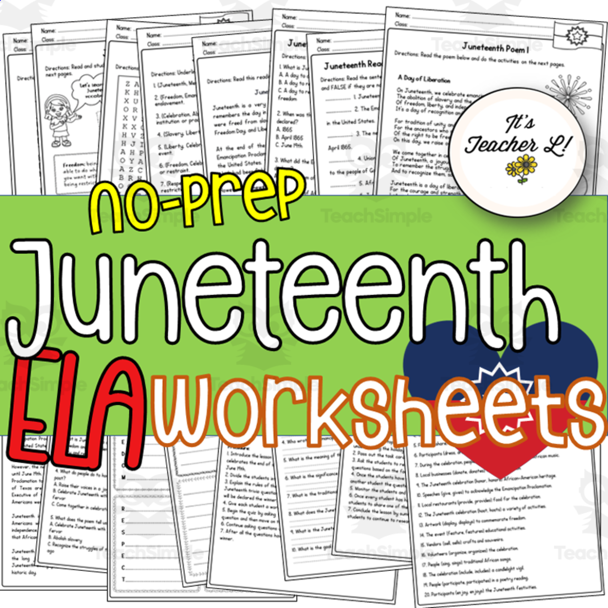 An educational teaching resource from It's Teacher L entitled Juneteenth No-Prep ELA Worksheets downloadable at Teach Simple.