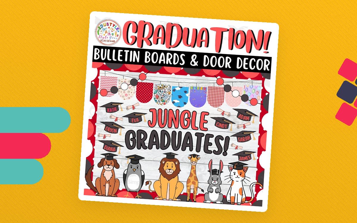 An educational teaching resource from Style Your Classroom entitled Jungle Graduates: Animals Graduation Bulletin Boards & Door Decor Kits downloadable at Teach Simple.