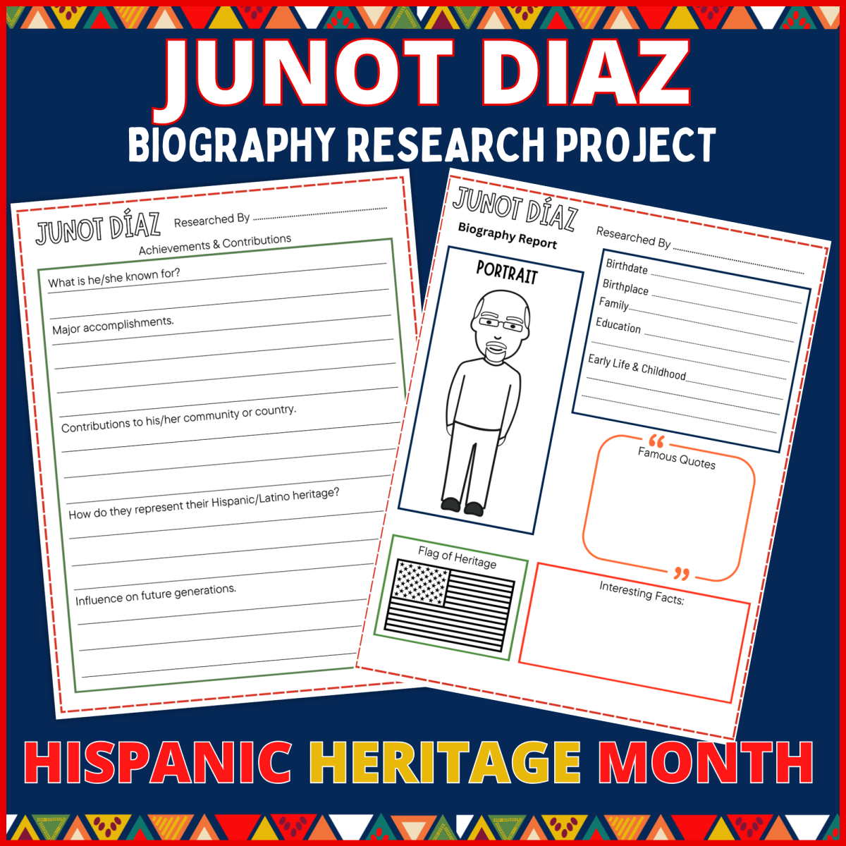 An educational teaching resource from Perfect_Printables entitled Junot Díaz Biography research project hispanic heritage month activity downloadable at Teach Simple.