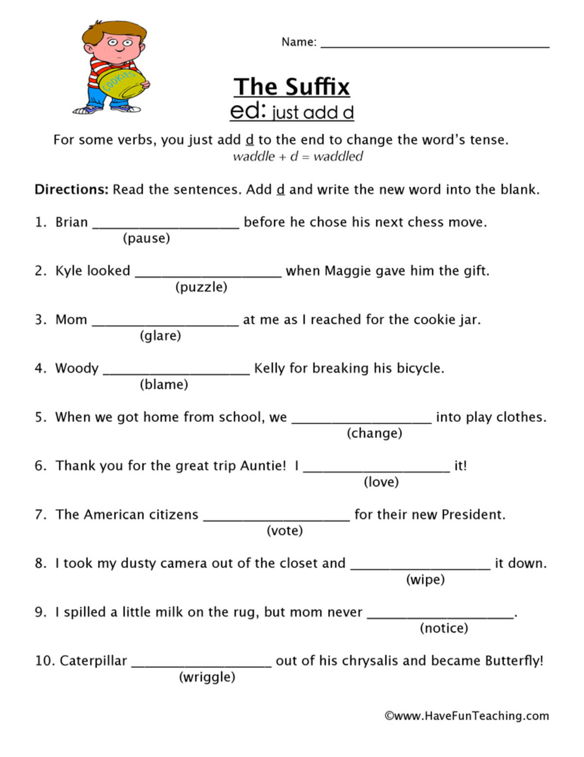 An educational teaching resource from Have Fun Teaching entitled Just Add ED Suffix Worksheet downloadable at Teach Simple.