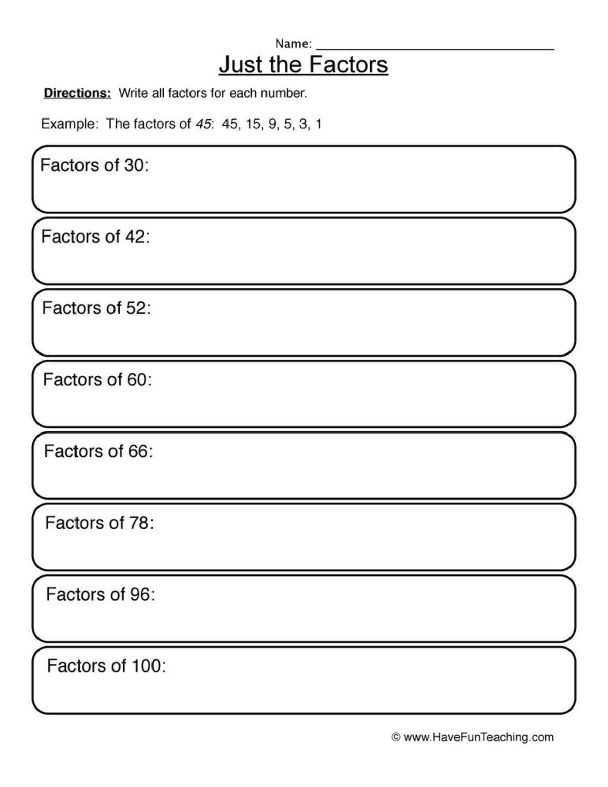 An educational teaching resource from Have Fun Teaching entitled Just the Factors Worksheet downloadable at Teach Simple.