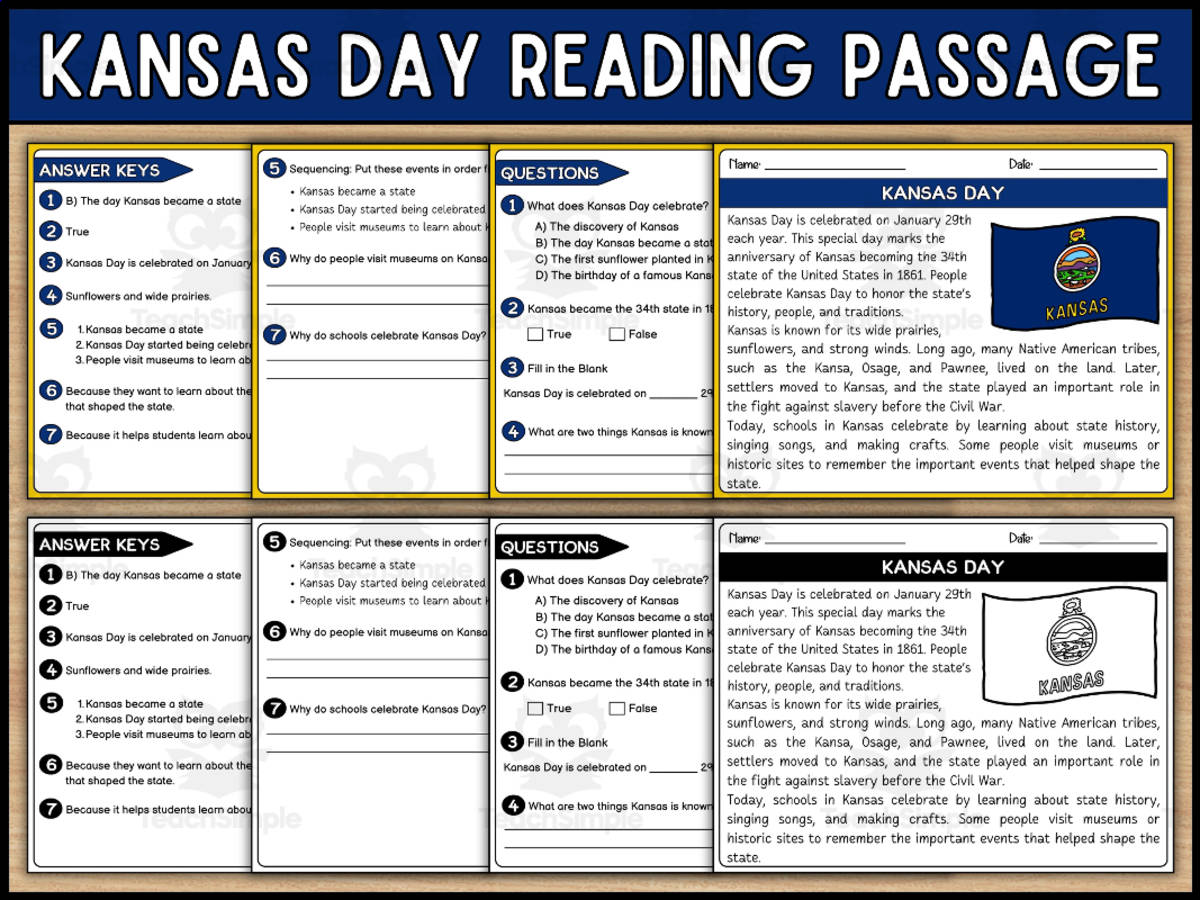 An educational teaching resource from Wonderland School entitled Kansas Day Reading Comprehension Passage and Questions downloadable at Teach Simple.