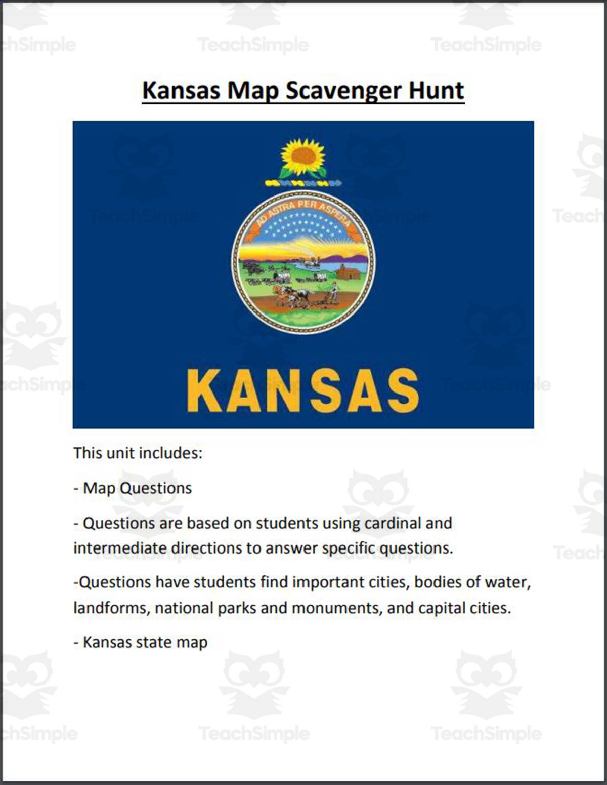 An educational teaching resource from Mr. Matthews Teacher Store entitled Kansas Map Scavenger Hunt downloadable at Teach Simple.