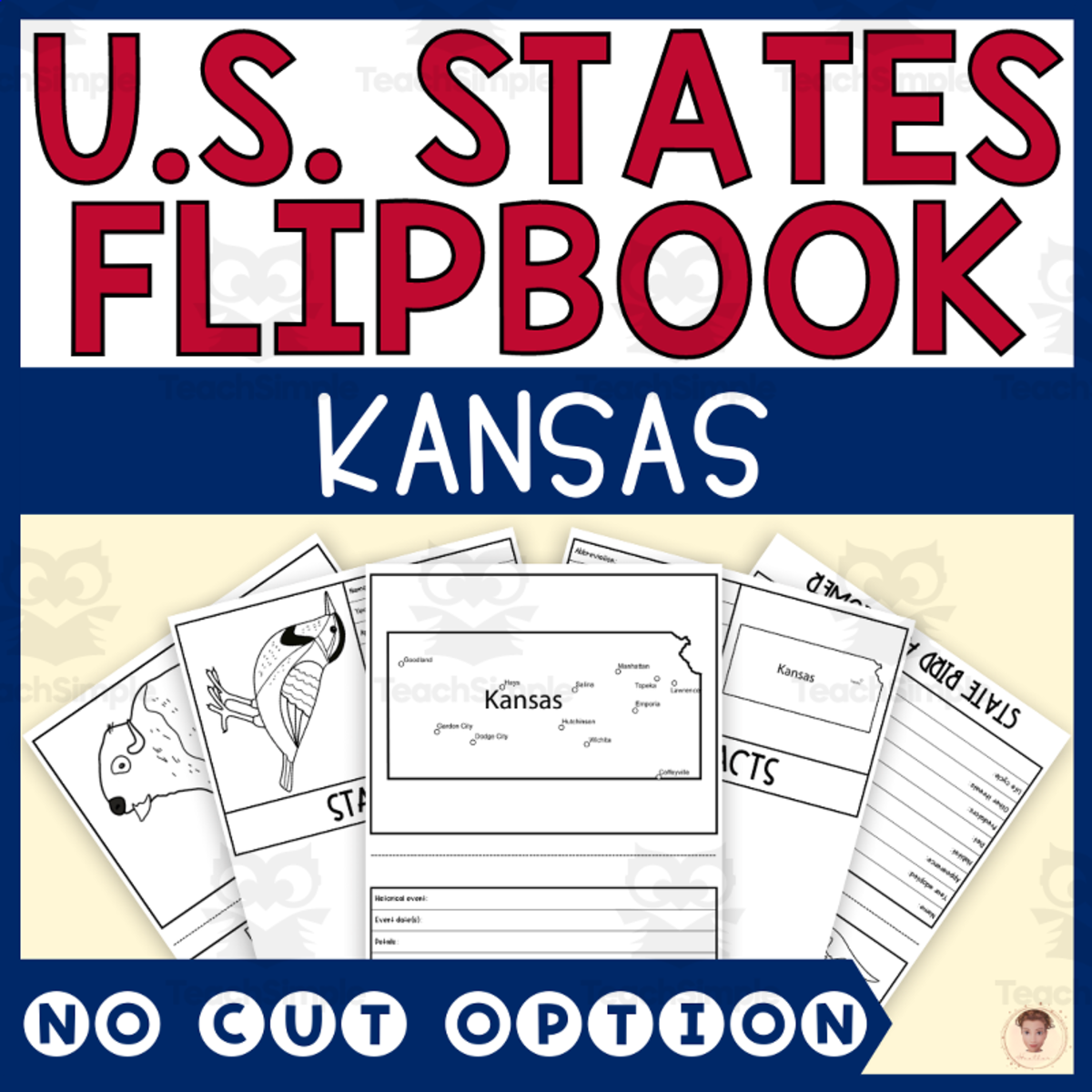 An educational teaching resource from Heather Huhman entitled Kansas State Flipbook (Capital, Bird, Flower, Flag, Animal) downloadable at Teach Simple.