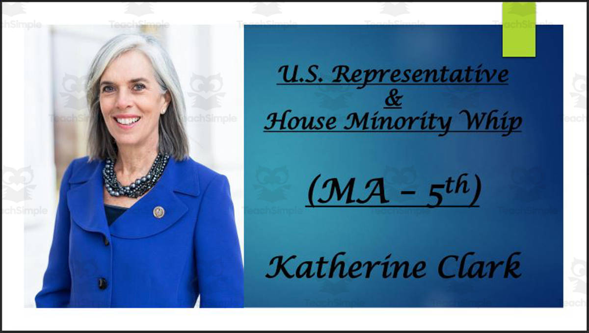 An educational teaching resource from Mr. Matthews Teacher Store entitled Katherine Clark (House Minority Whip & U.S. Representative: MA - 5th) BIO PPT downloadable at Teach Simple.