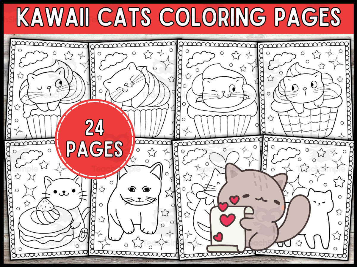 An educational teaching resource from Wonderland School entitled Kawaii Cats Coloring Pages For Kids | Cute Cats Coloring Sheets downloadable at Teach Simple.