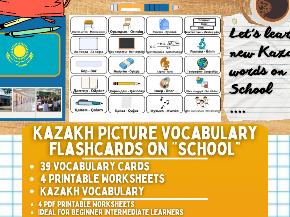 An educational teaching resource from Learning with Alan entitled Kazakh Picture Vocabulary Flashcards - School downloadable at Teach Simple.