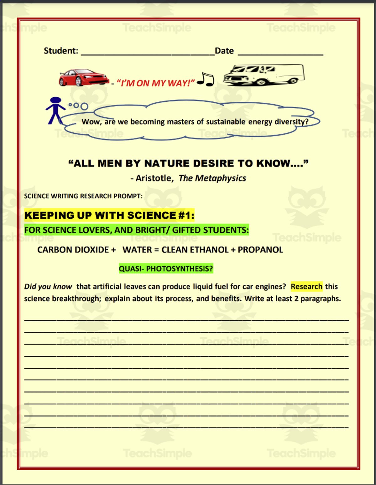 An educational teaching resource from THE LANTERN OF KNOWLEDGE entitled Keeping Up with Science #1: Science Writing Research Prompt downloadable at Teach Simple.
