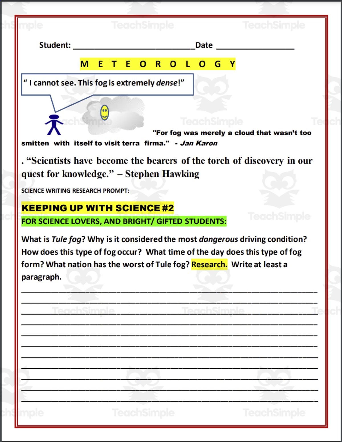 An educational teaching resource from THE LANTERN OF KNOWLEDGE entitled Keeping Up with Science #2: Meteorology downloadable at Teach Simple.