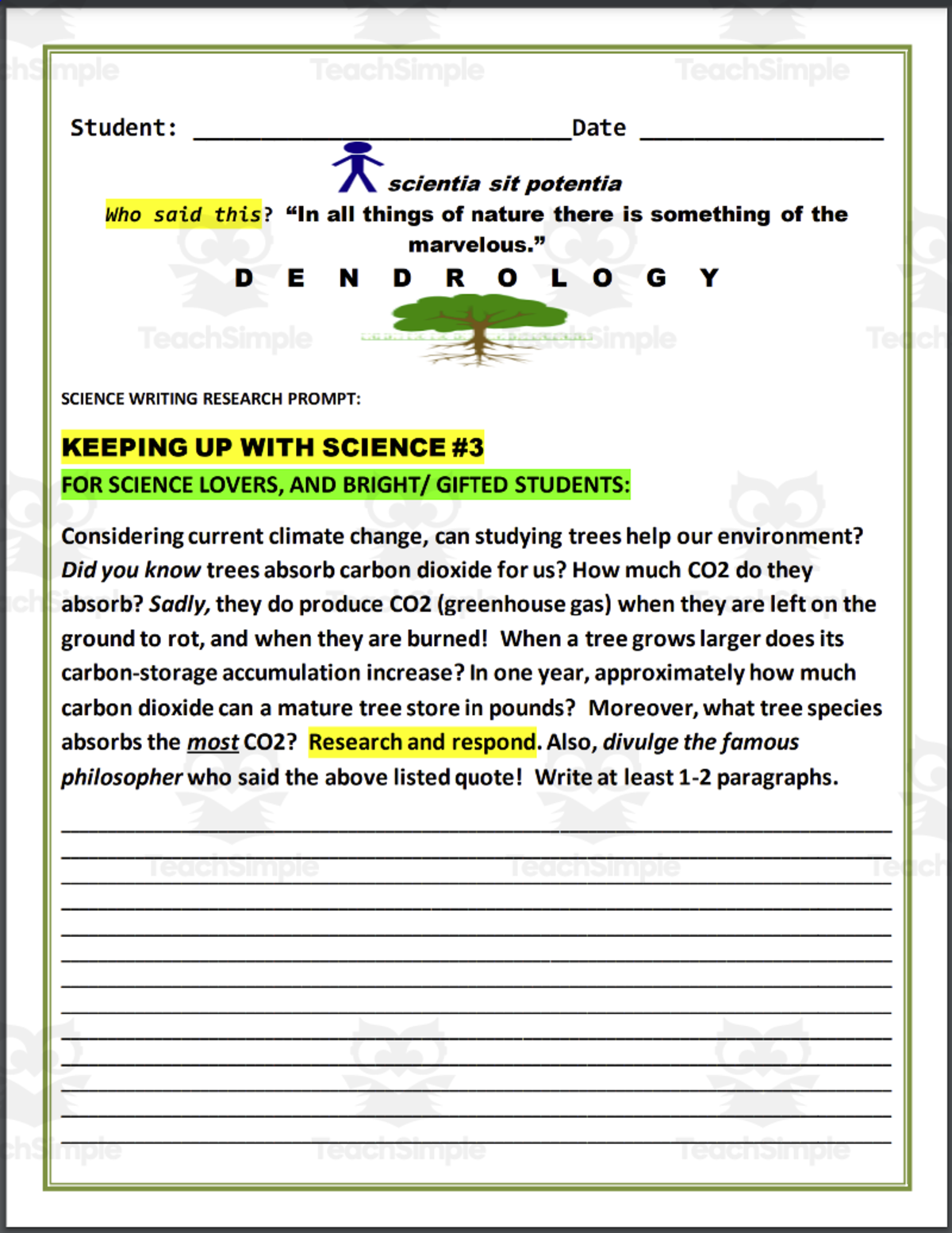 An educational teaching resource from THE LANTERN OF KNOWLEDGE entitled Keeping up with Science #3: Dendrology downloadable at Teach Simple.