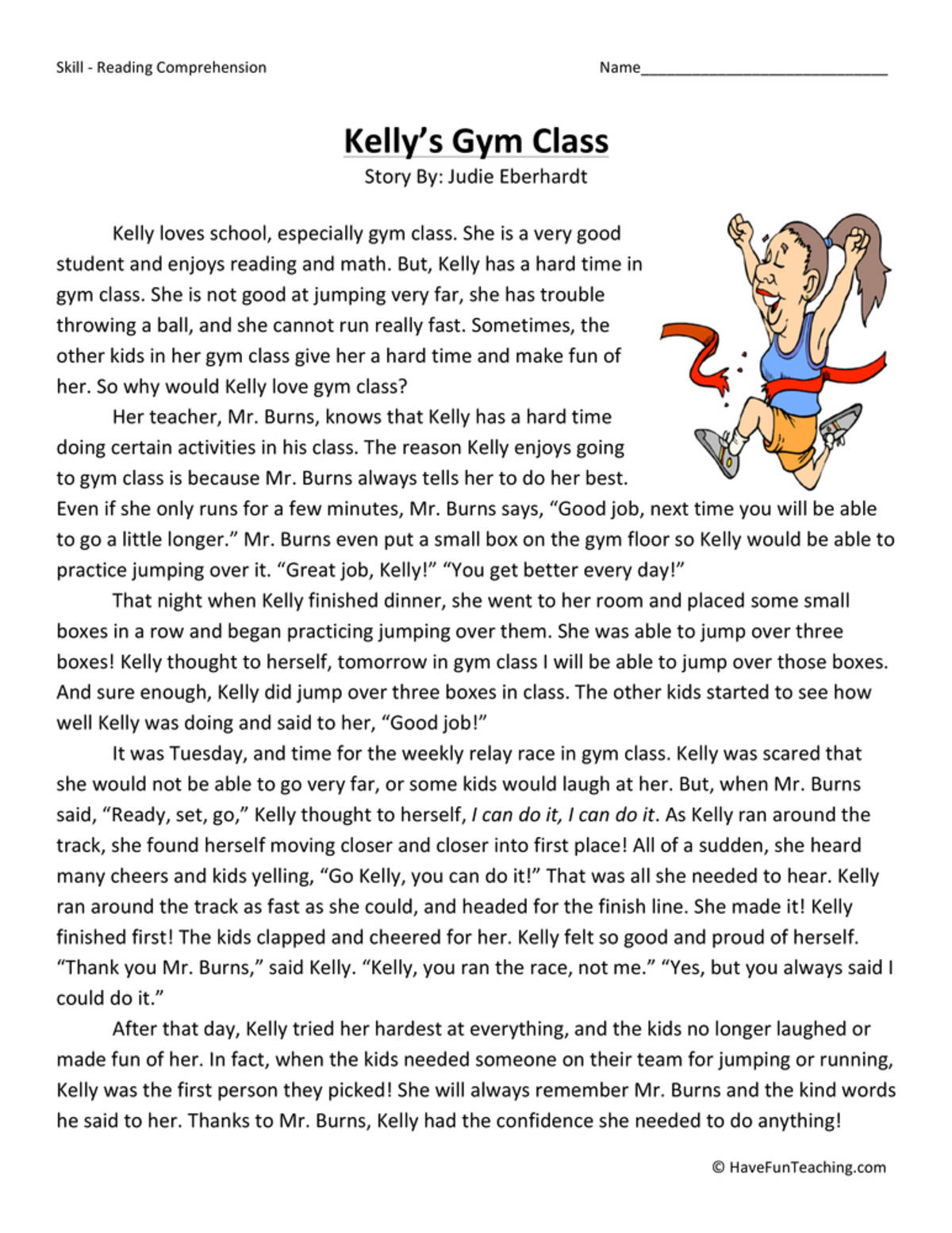 An educational teaching resource from Have Fun Teaching entitled Kelly's Gym Class Reading Comprehension Worksheet downloadable at Teach Simple.