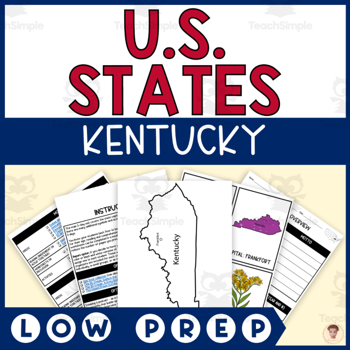 An educational teaching resource from Heather Huhman entitled Kentucky State Unit Study (Capital, Bird, Flower, Flag, Animal) downloadable at Teach Simple.