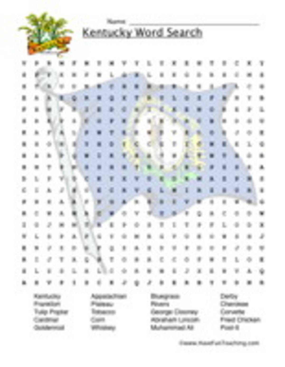 An educational teaching resource from Have Fun Teaching entitled Kentucky Word Search Worksheet downloadable at Teach Simple.