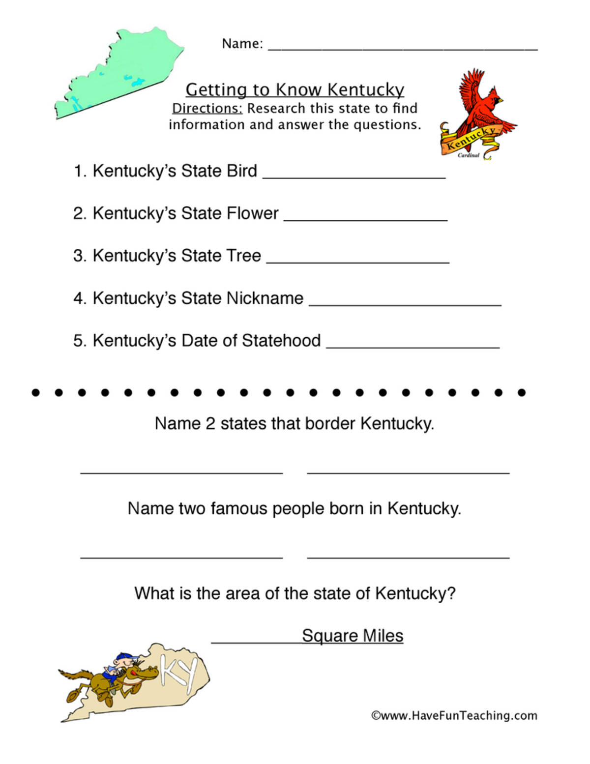 An educational teaching resource from Have Fun Teaching entitled Kentucky Worksheet downloadable at Teach Simple.