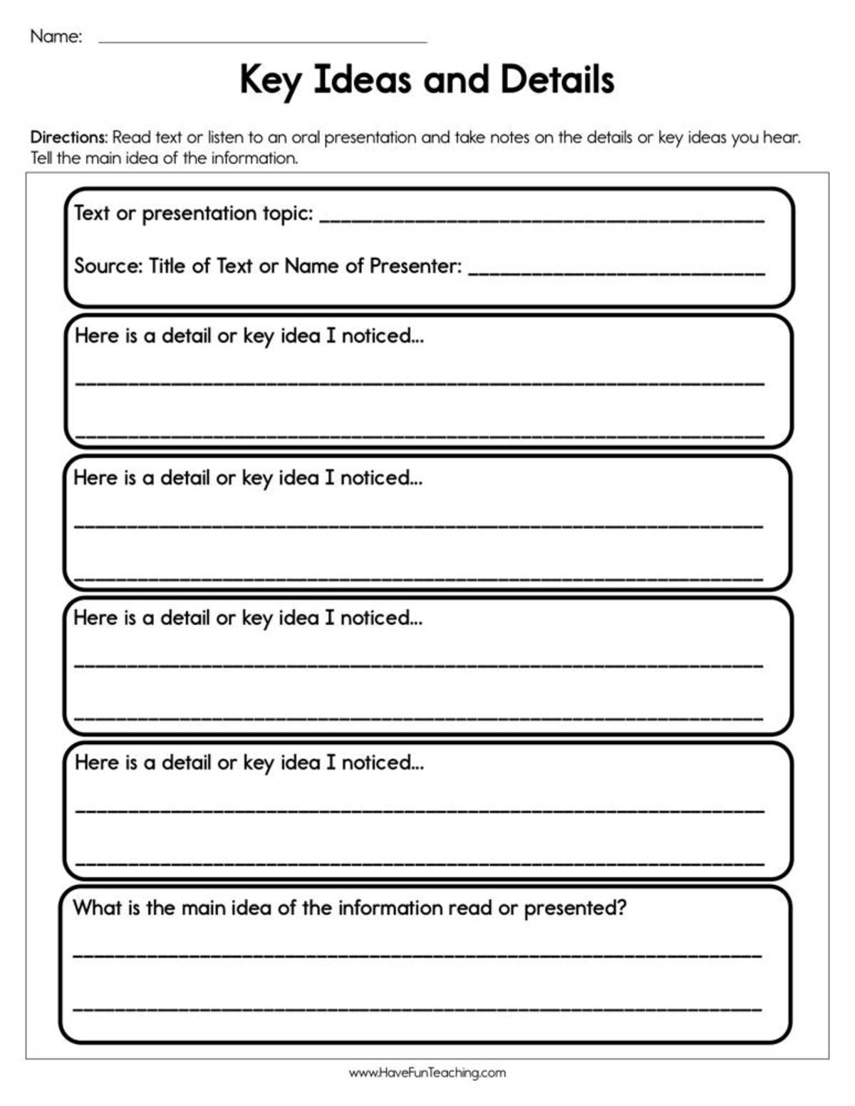 An educational teaching resource from Have Fun Teaching entitled Key Ideas and Details Worksheet downloadable at Teach Simple.