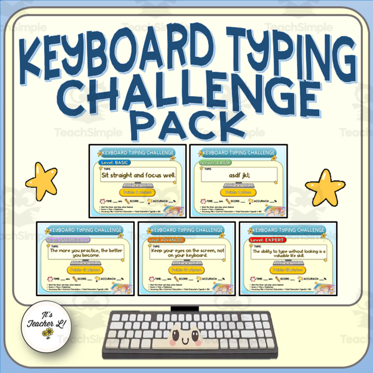 An educational teaching resource from It's Teacher L entitled Keyboard Typing Challenge Pack - DIGITAL TASK CARDS CERTIFICATES ICT downloadable at Teach Simple.